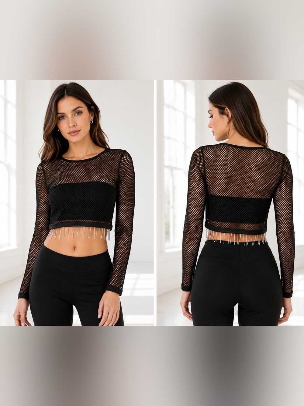 Black Mesh Long-Sleeve Crop Top with Rhinestone Fringe
